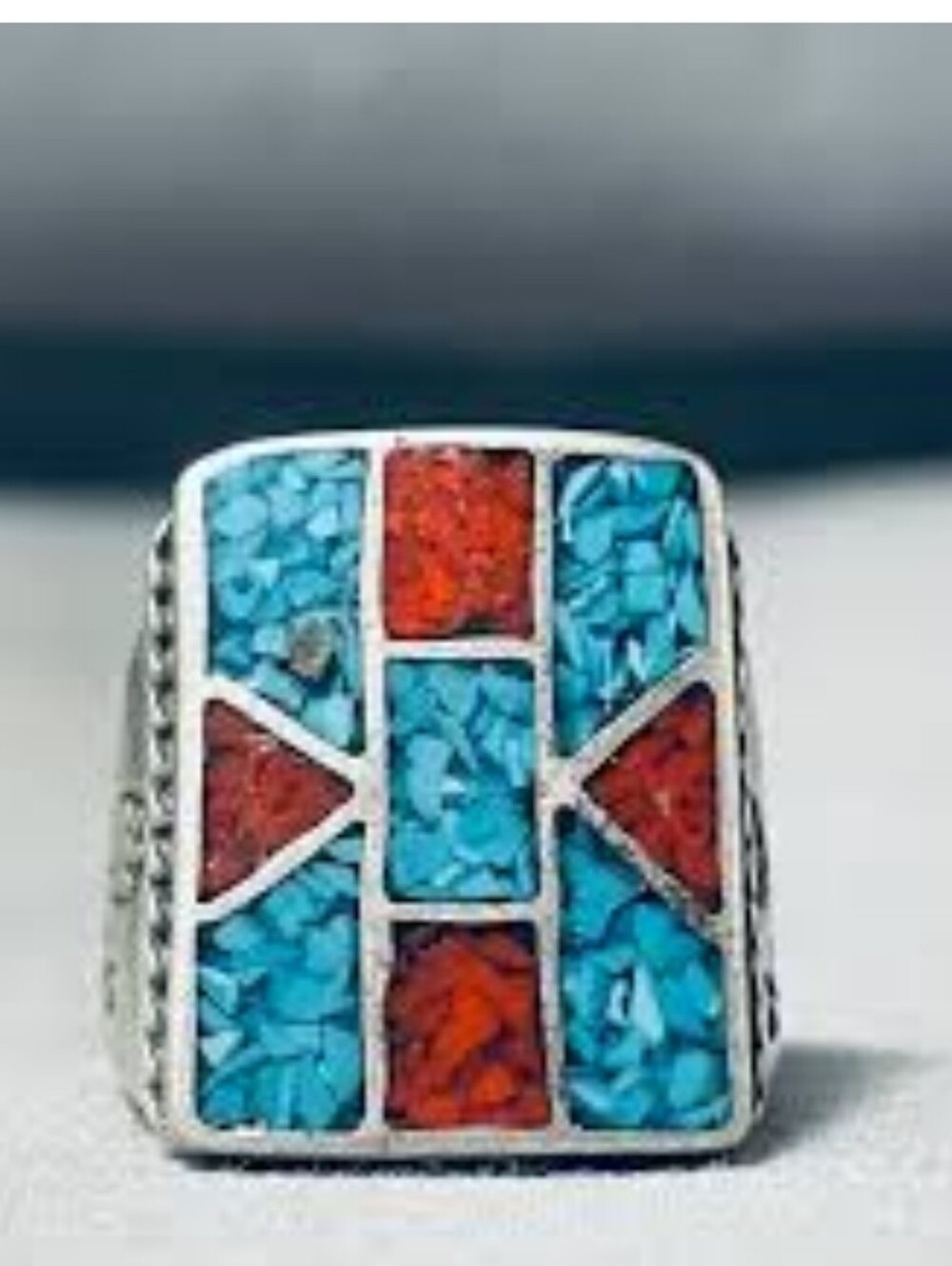 Vintage Native American Navajo Turquoise Coral Inlay Sterling Silver
